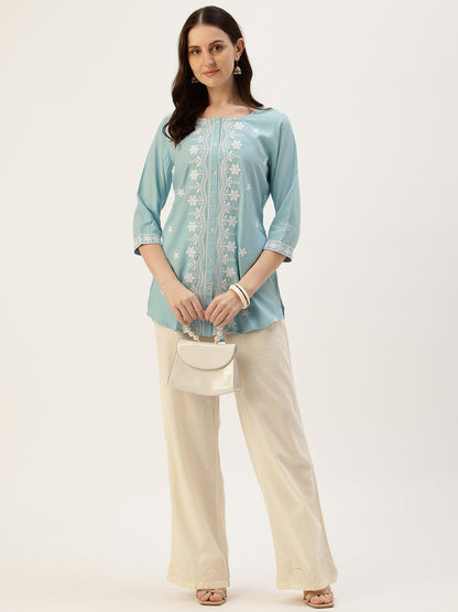 Blue With White Embroidered Ethnic Tunic