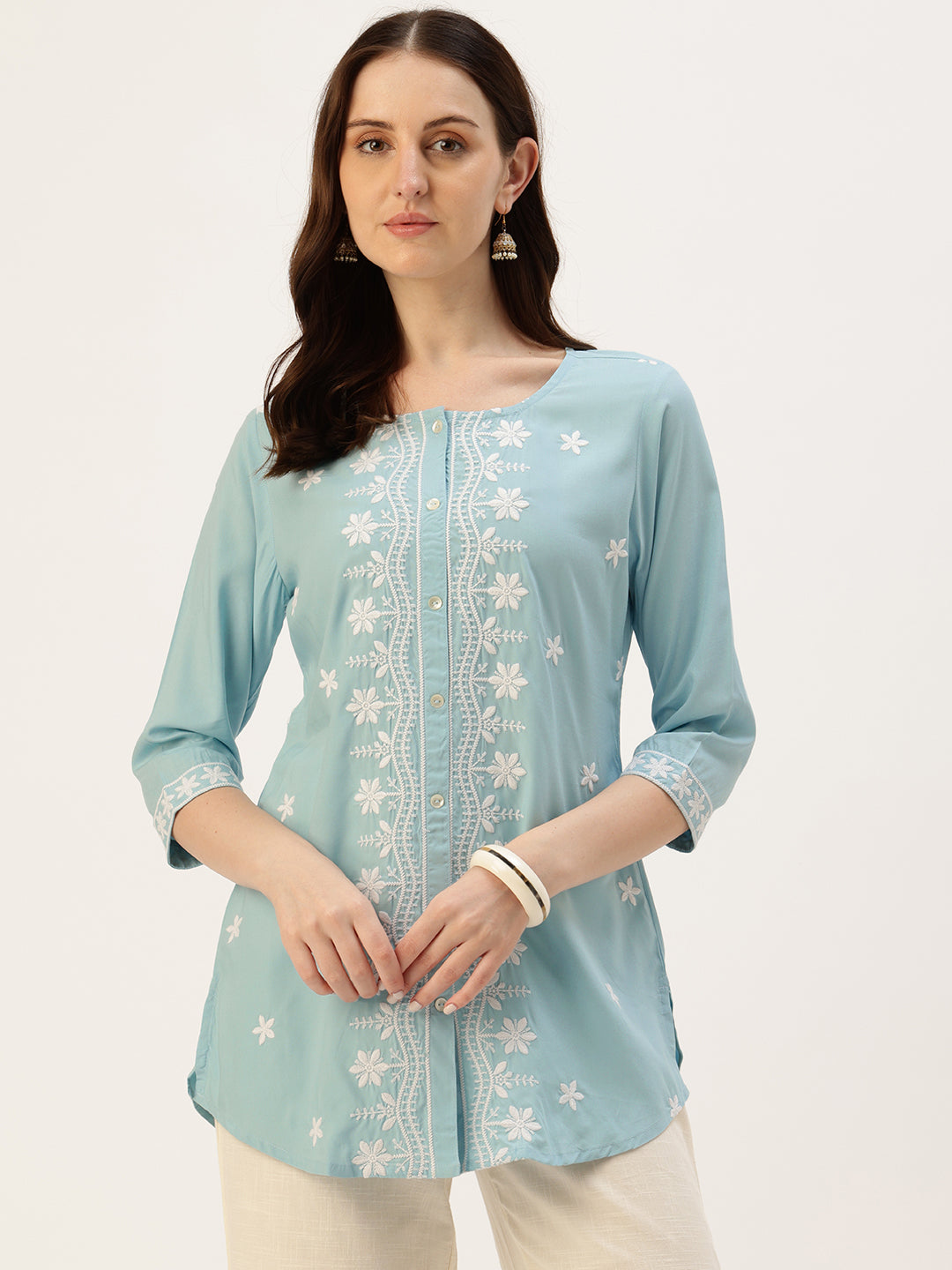 Blue With White Embroidered Ethnic Tunic