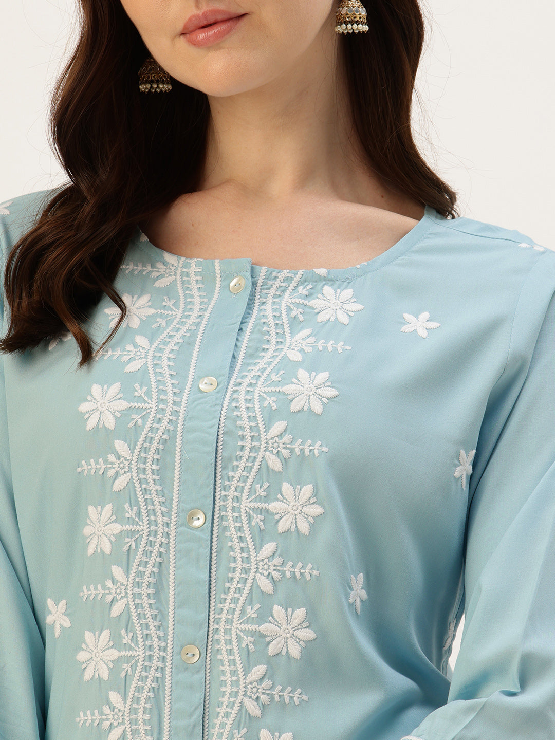 Blue With White Embroidered Ethnic Tunic
