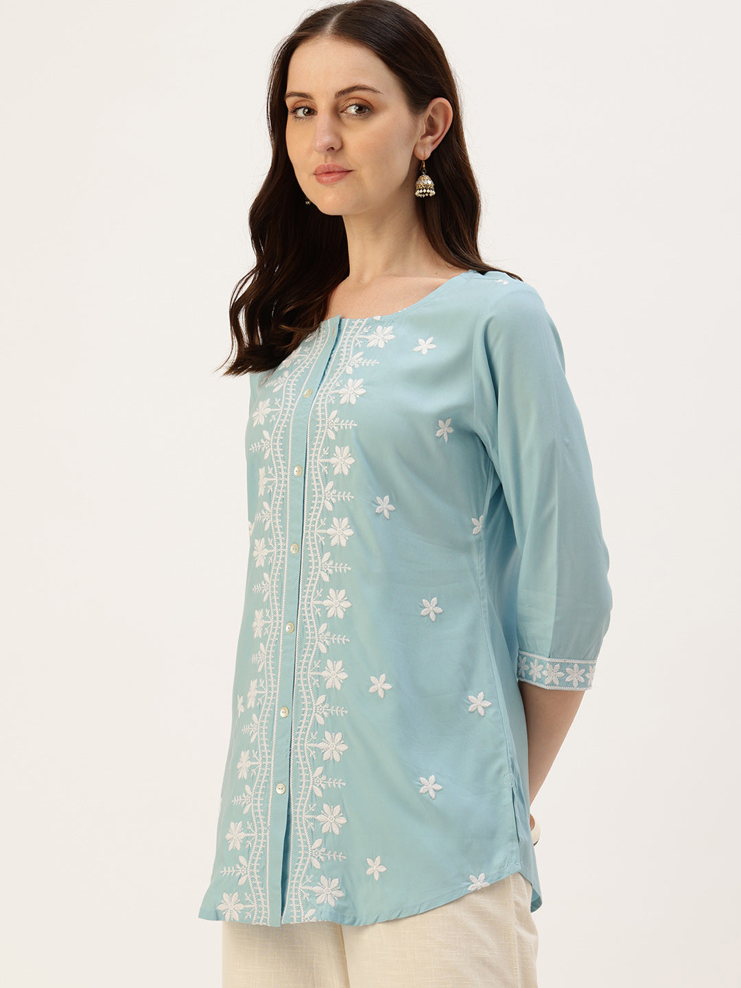 Blue With White Embroidered Ethnic Tunic