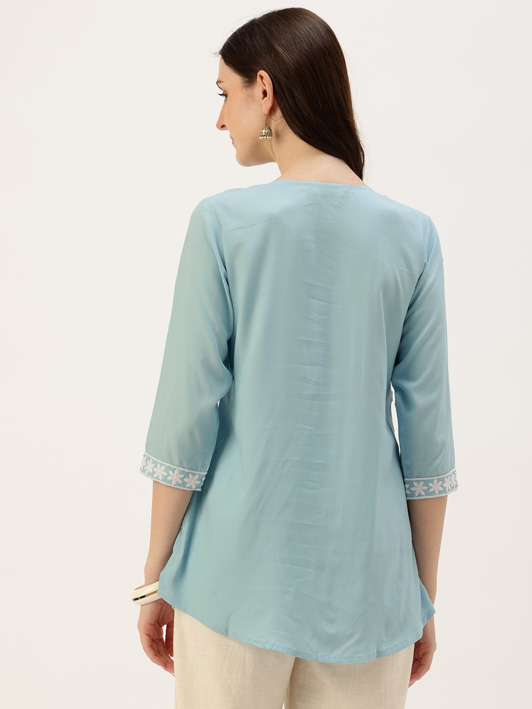 Blue With White Embroidered Ethnic Tunic