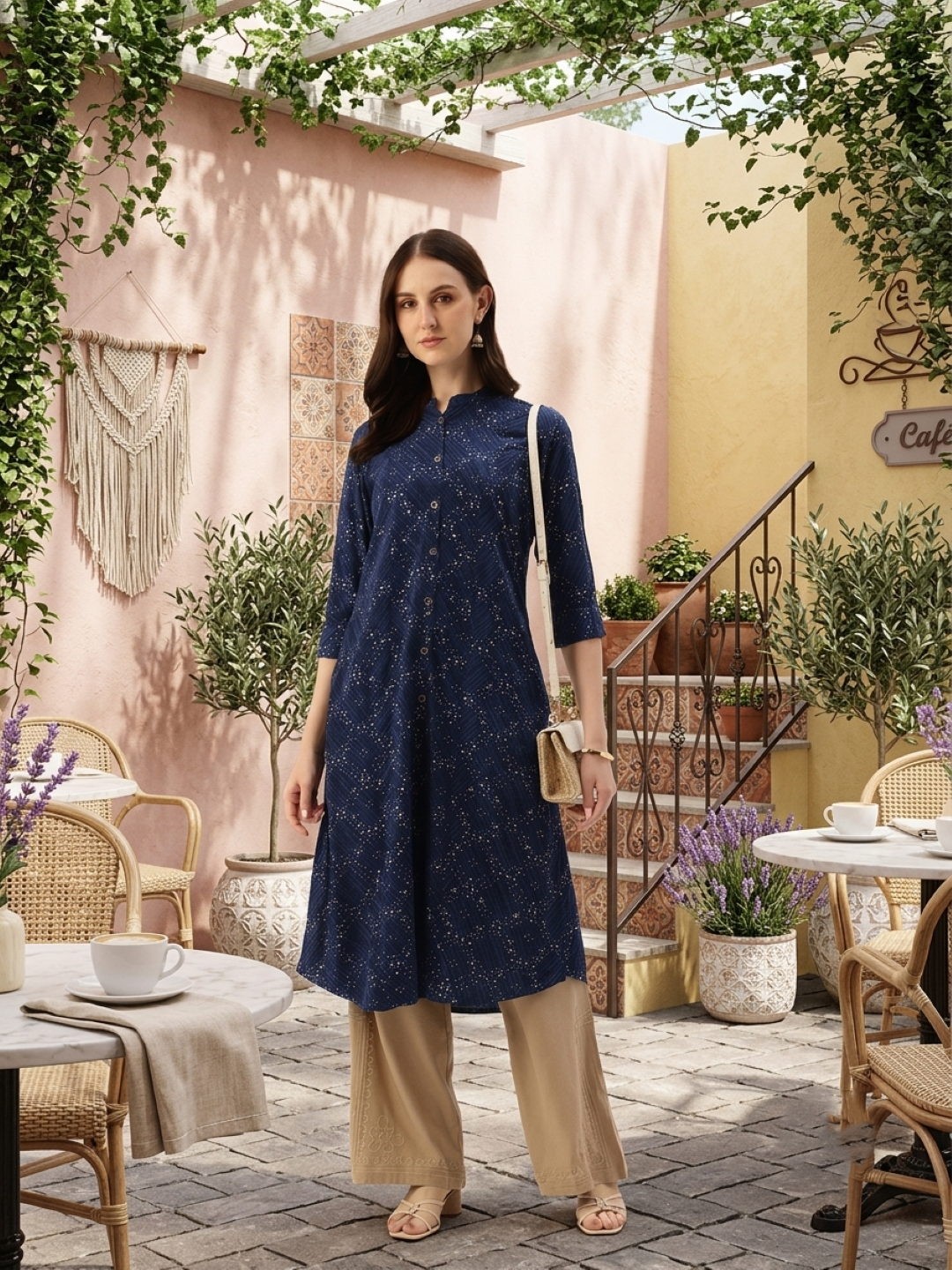 Navy Blue Printed A-Line Kurta