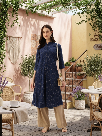 Navy Blue Printed A-Line Kurta