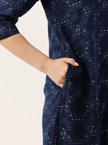 Navy Blue Printed A-Line Kurta