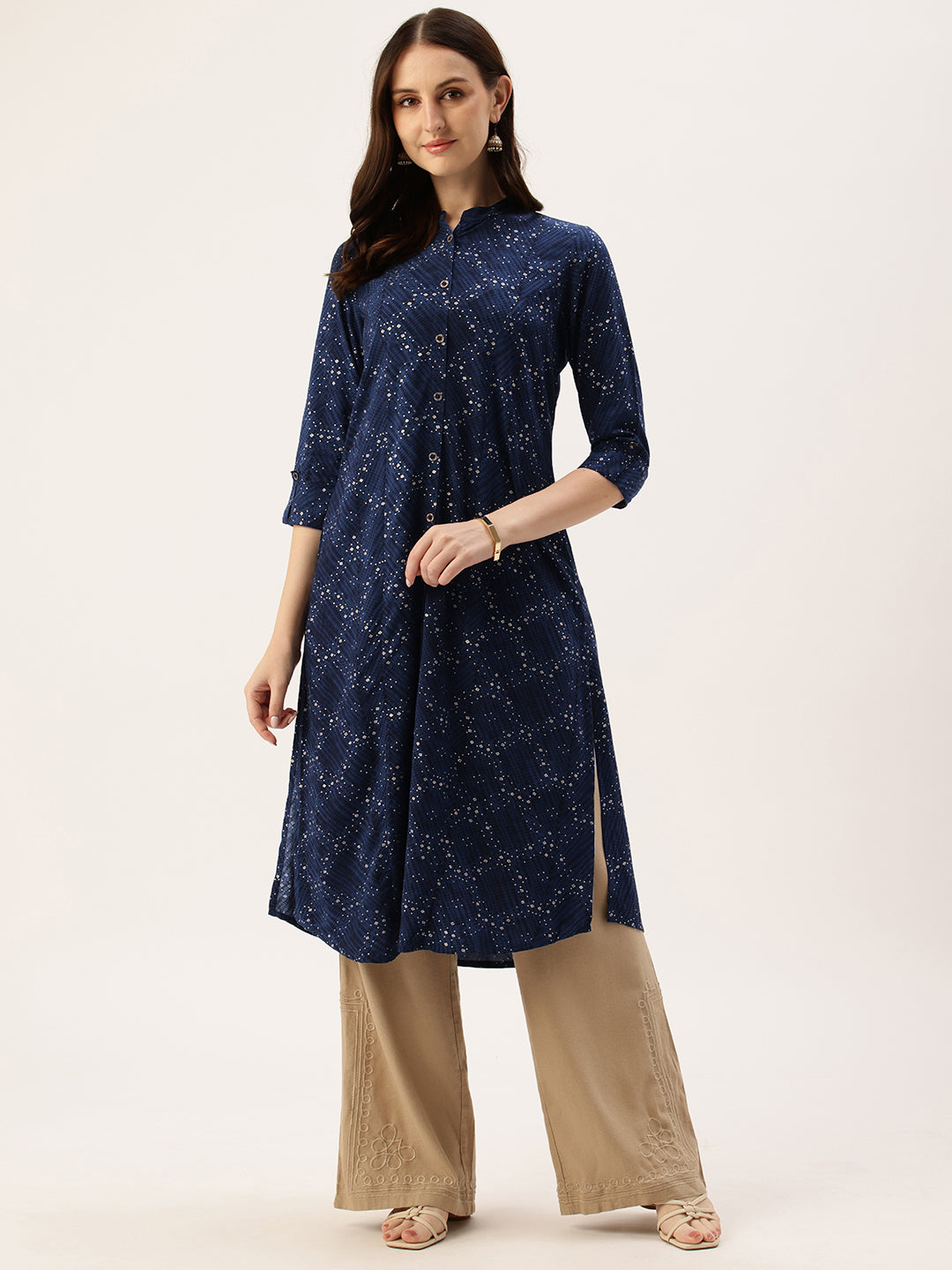 Navy Blue Printed A-Line Kurta