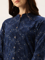 Navy Blue Printed A-Line Kurta