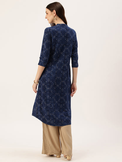 Navy Blue Printed A-Line Kurta
