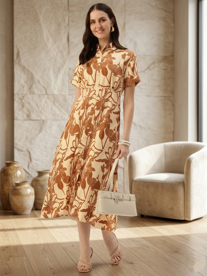 White Floral Printed Midi Dress