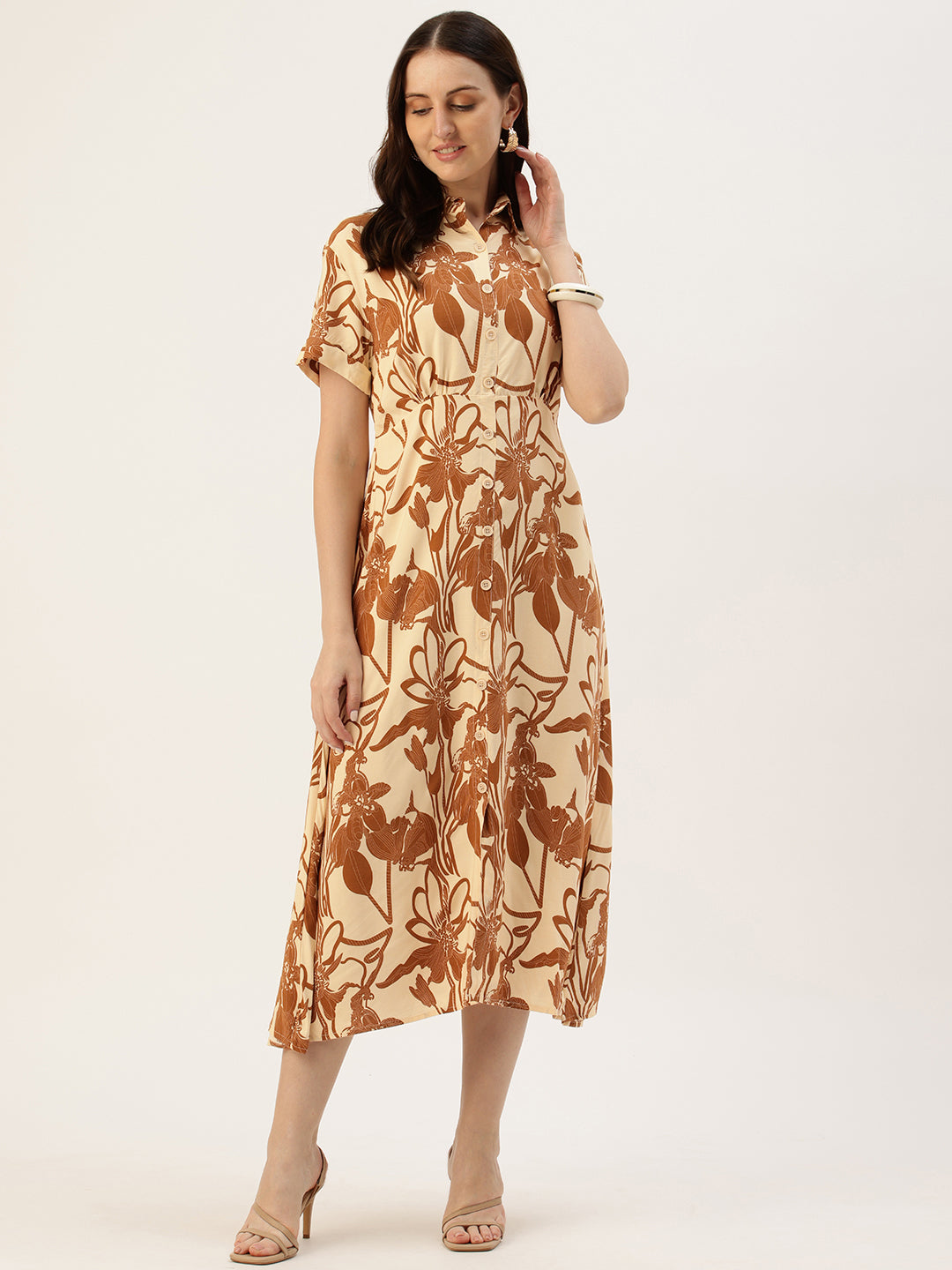 White Floral Printed Midi Dress
