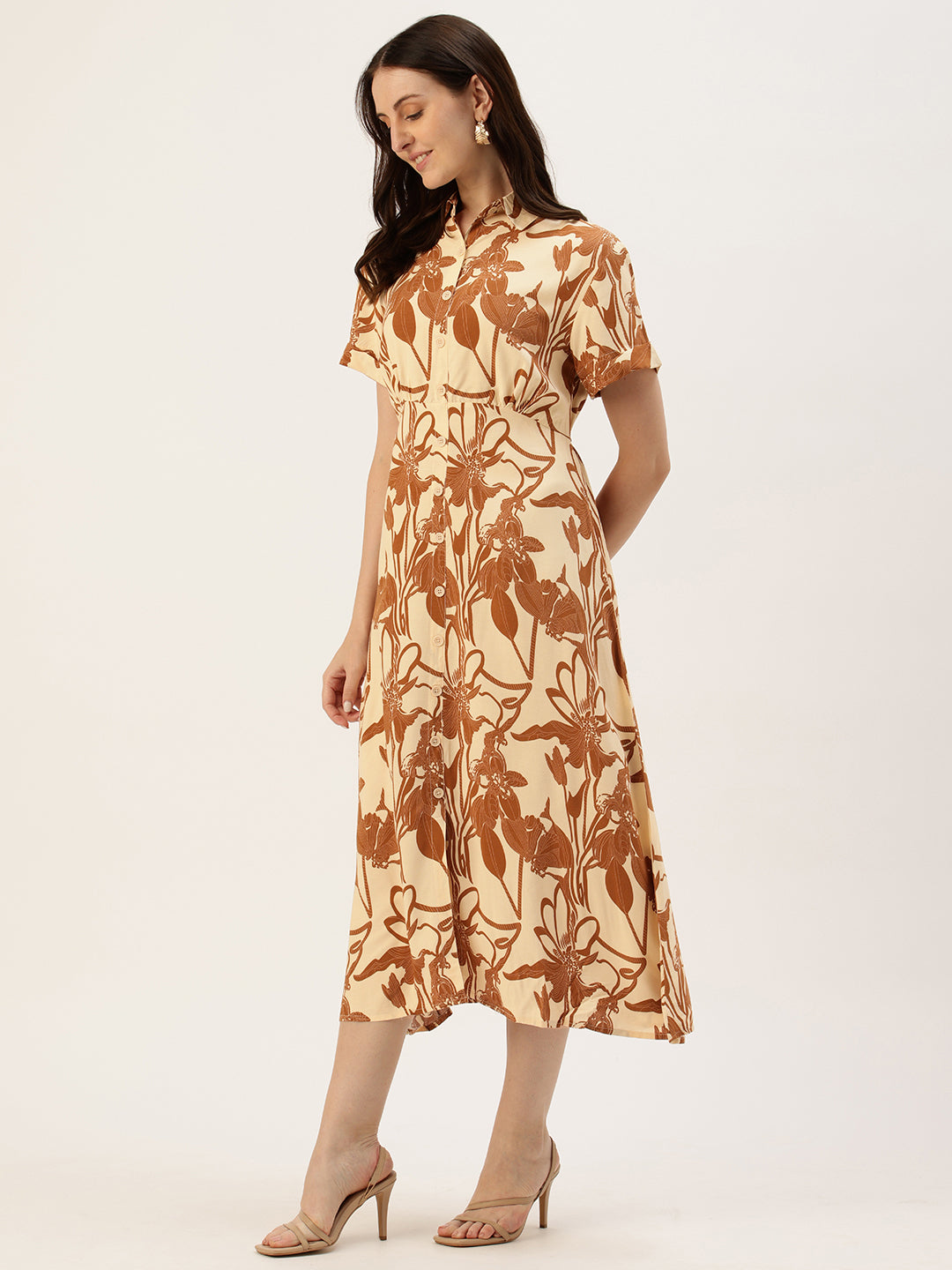 White Floral Printed Midi Dress