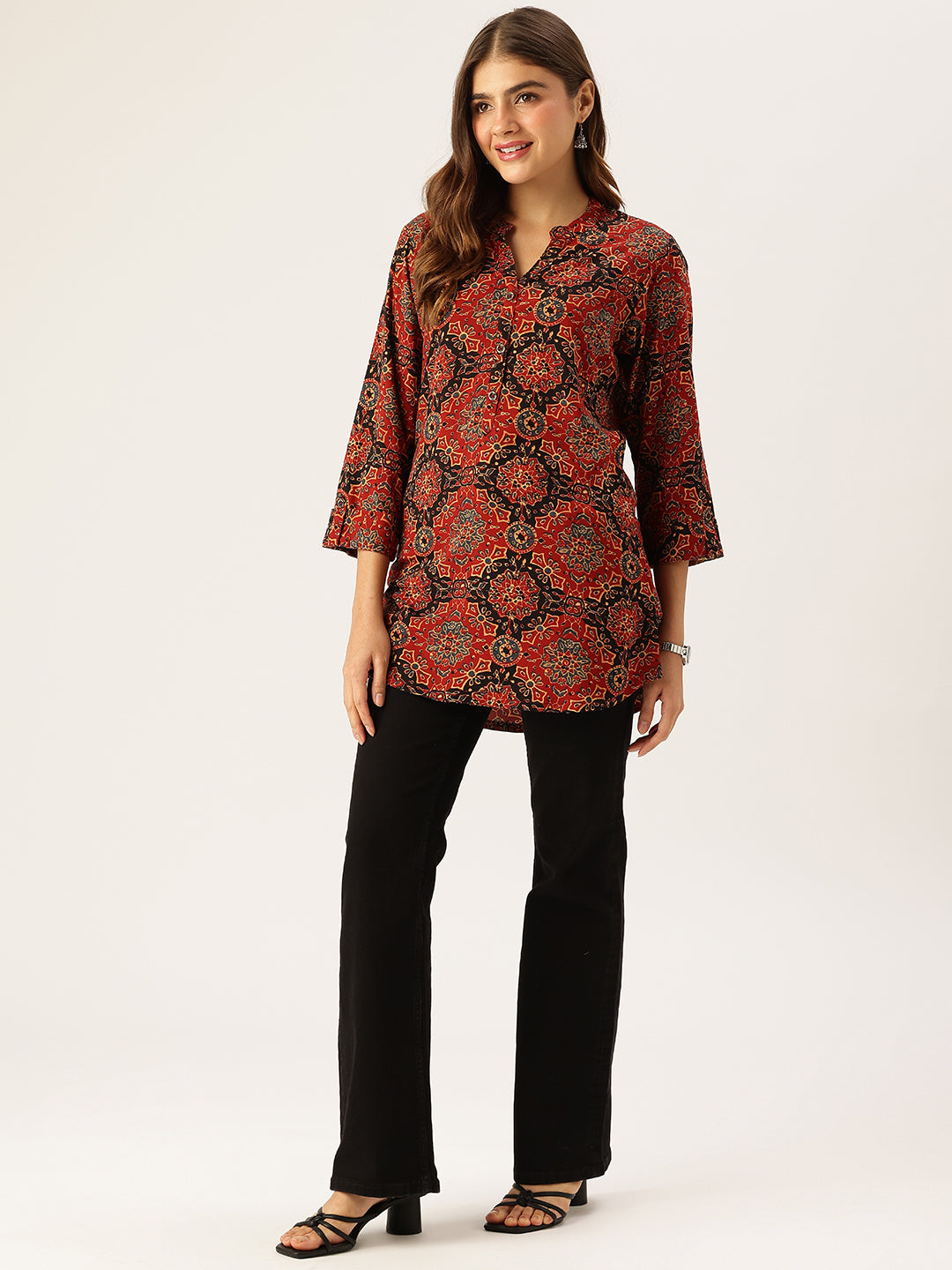 Red Printed Mandarin Collar Tunic