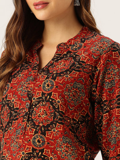 Red Printed Mandarin Collar Tunic