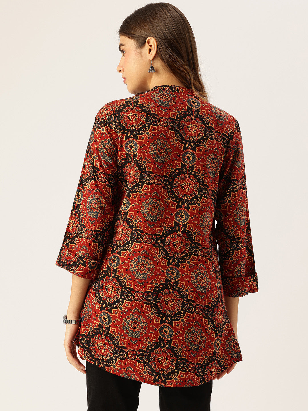 Red Printed Mandarin Collar Tunic