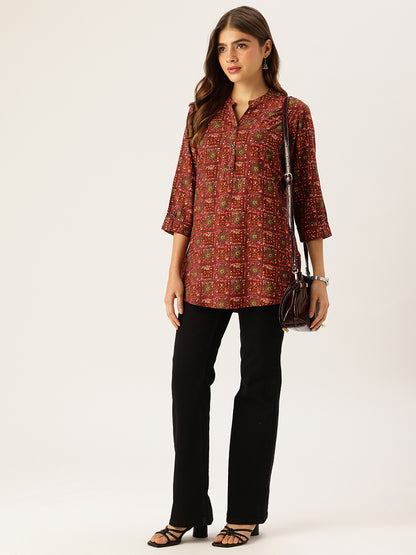 Red Geometric Printed Mandarin Collar Tunic