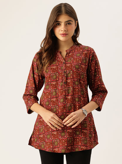 Red Geometric Printed Mandarin Collar Tunic