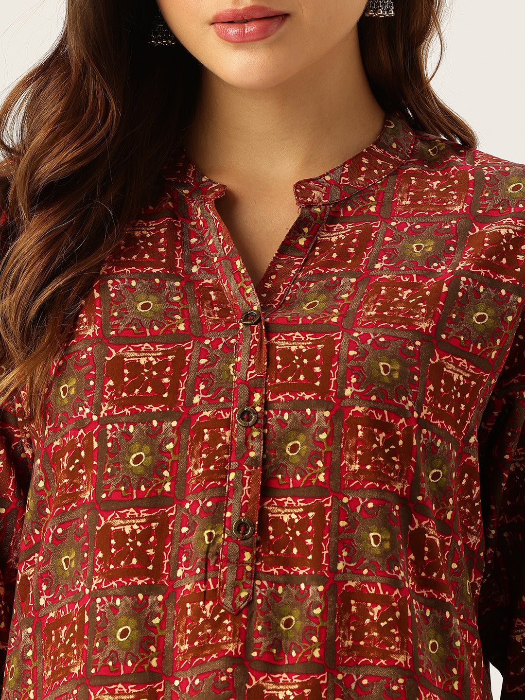 Red Geometric Printed Mandarin Collar Tunic