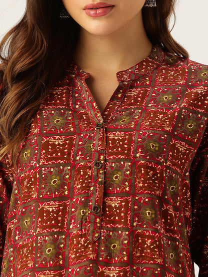 Red Geometric Printed Mandarin Collar Tunic
