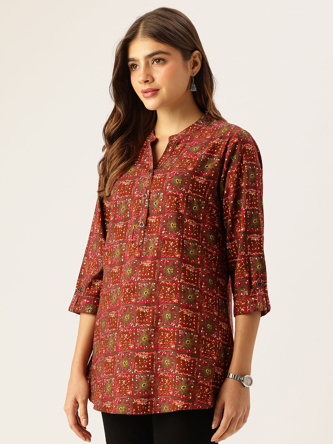Red Geometric Printed Mandarin Collar Tunic
