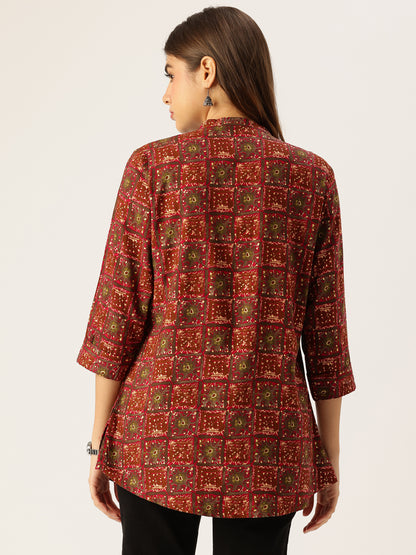 Red Geometric Printed Mandarin Collar Tunic