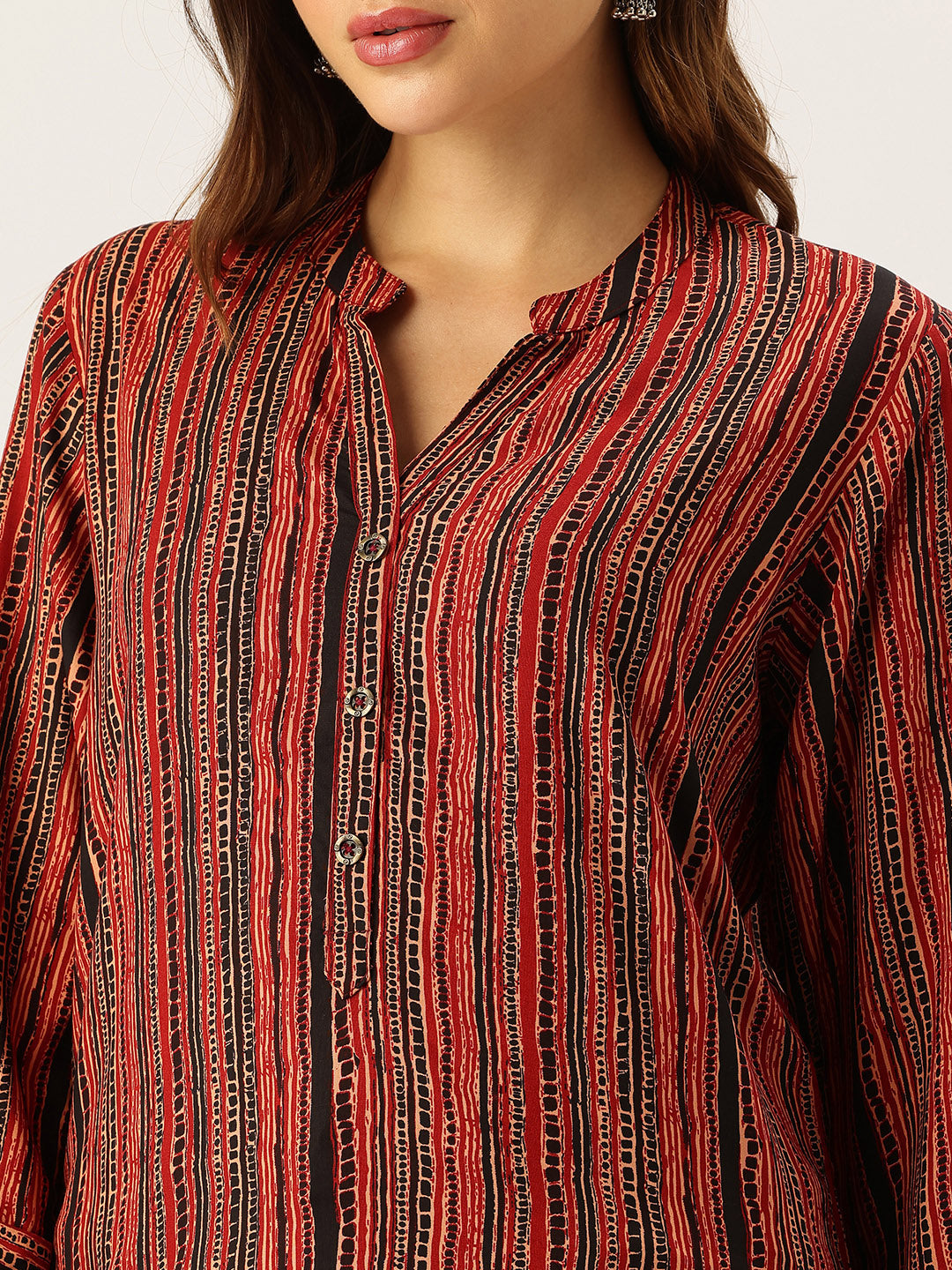 Red & Black Striped Printed Mandarin Collar Tunic