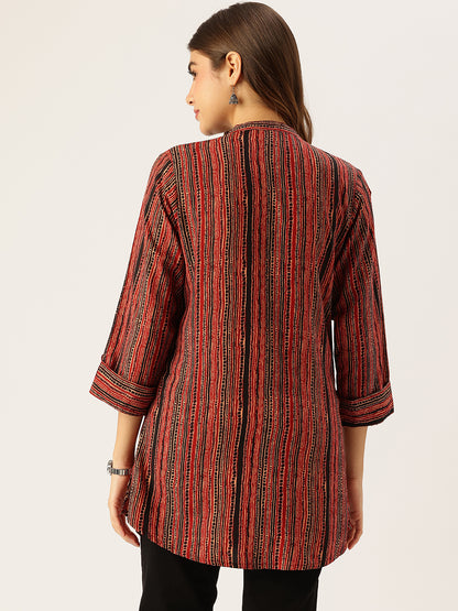 Red & Black Striped Printed Mandarin Collar Tunic