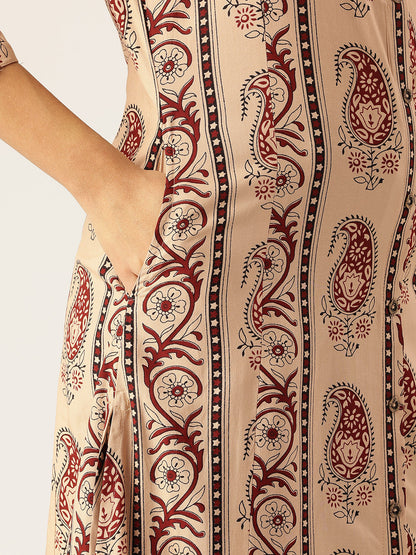 Beige Striped Printed A - Line Kurta