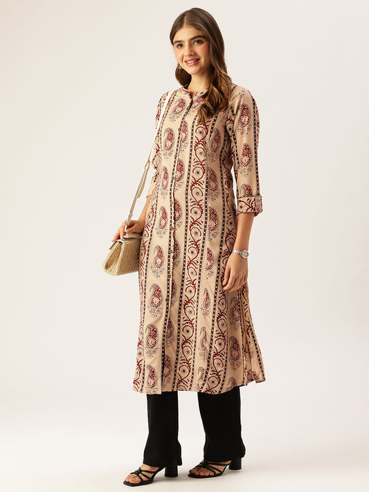 Beige Striped Printed A - Line Kurta