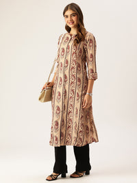 Beige Striped Printed A - Line Kurta