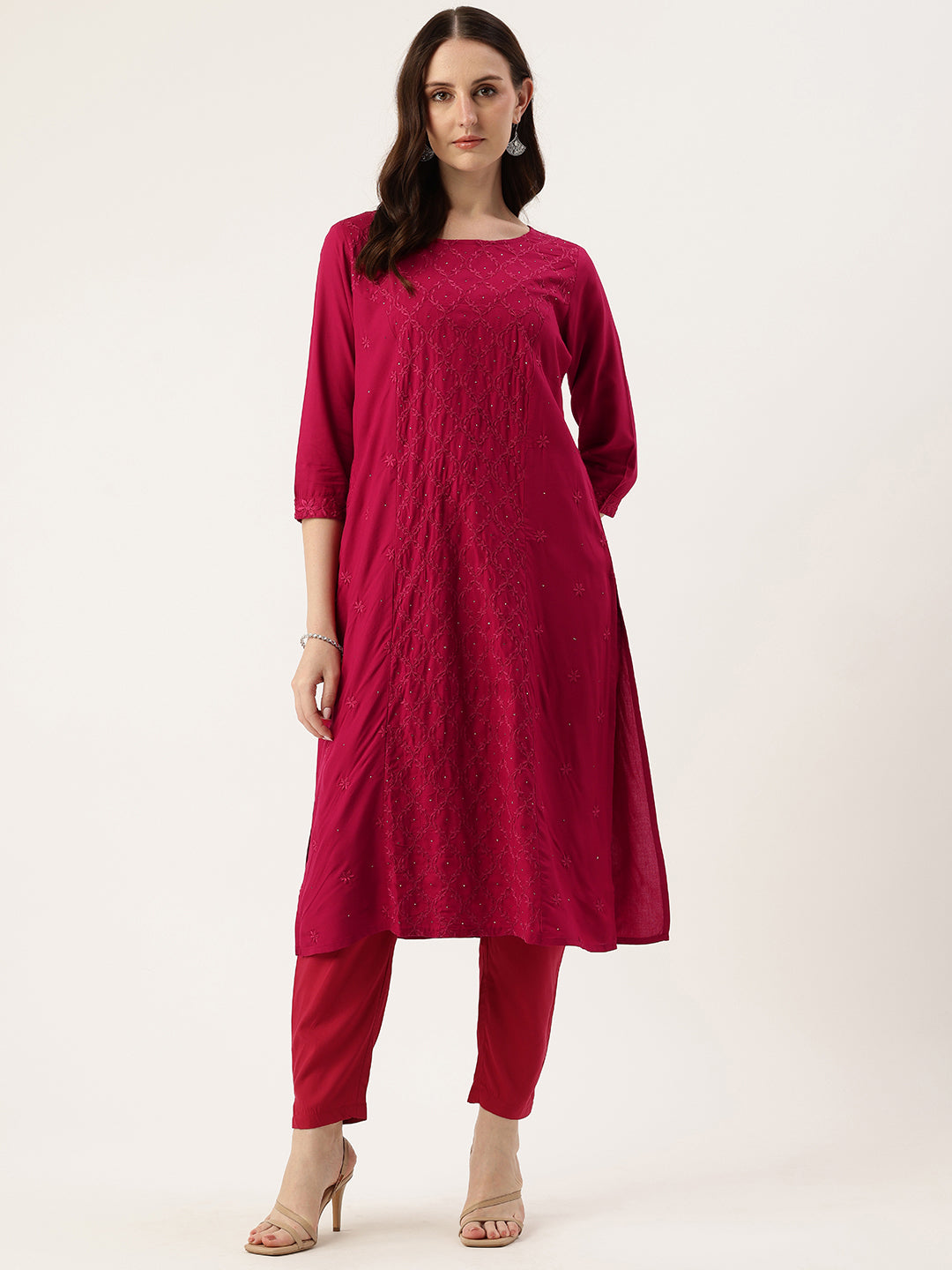 Red Round Neck Embroidery Kurta