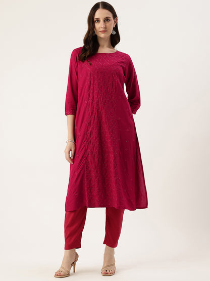Red Round Neck Embroidery Kurta
