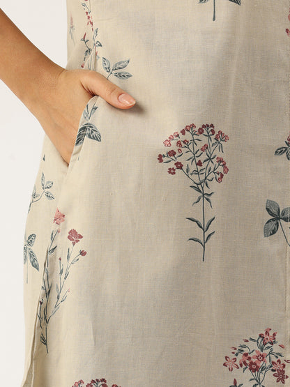 Beige Floral Printed A Line Kurta