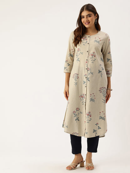 Beige Floral Printed A Line Kurta