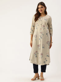 Beige Floral Printed A Line Kurta