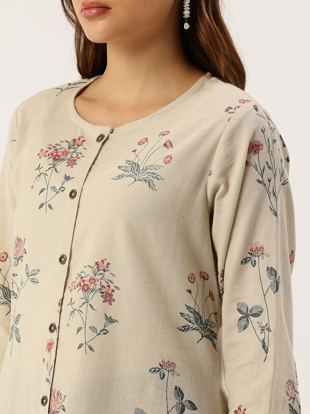 Beige Floral Printed A Line Kurta