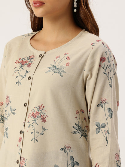 Beige Floral Printed A Line Kurta