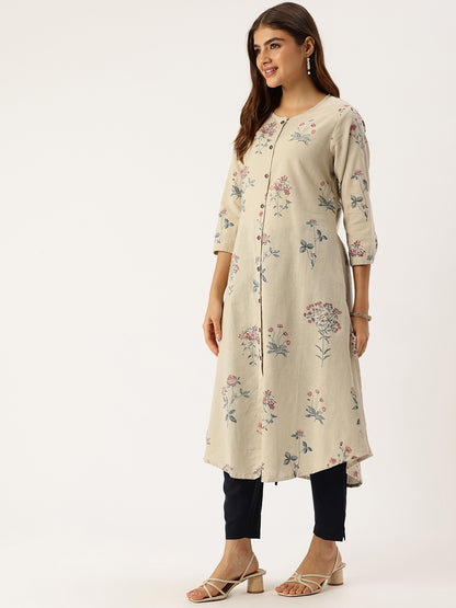 Beige Floral Printed A Line Kurta