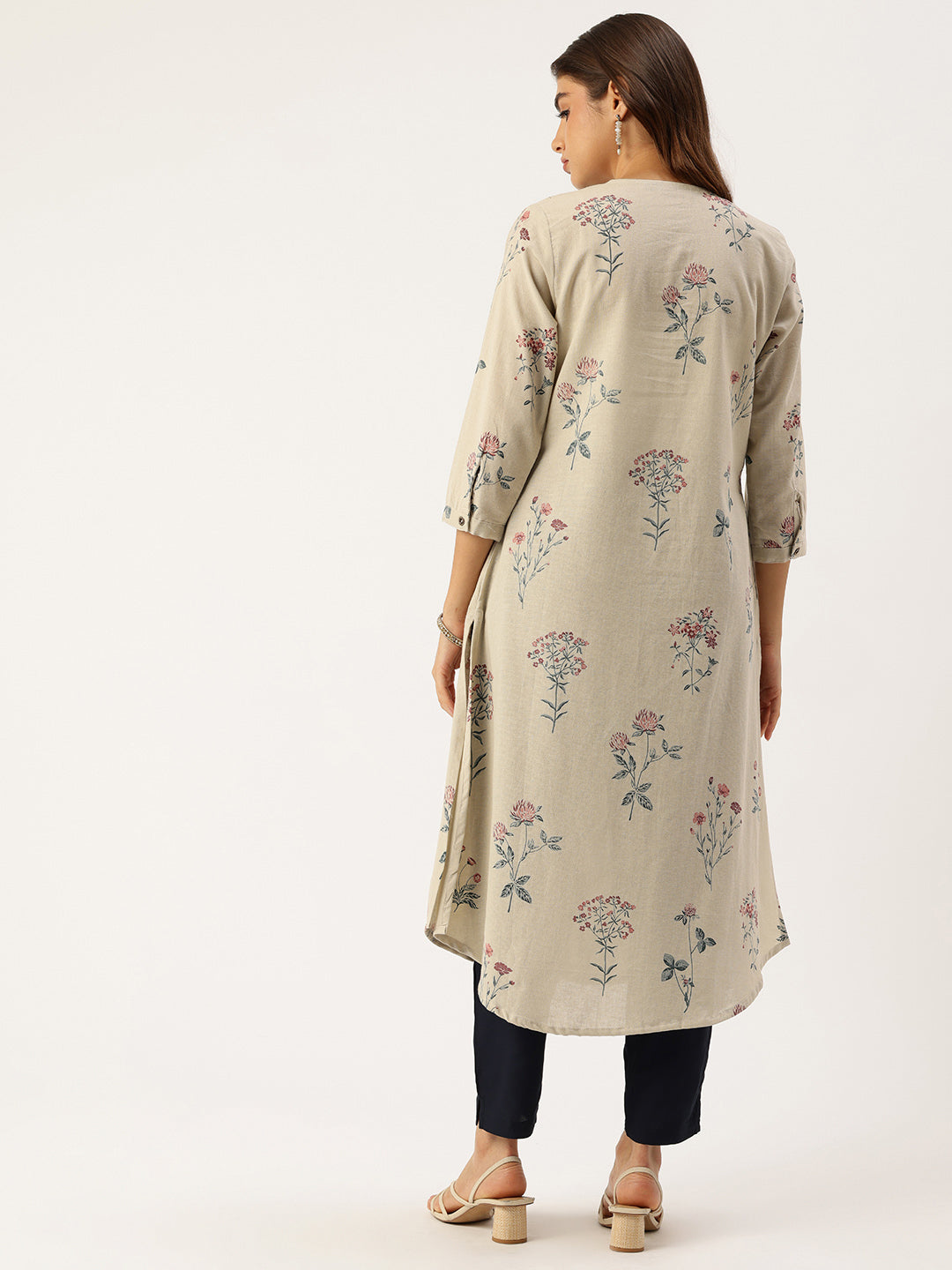 Beige Floral Printed A Line Kurta