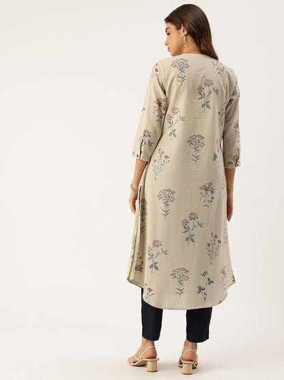 Beige Floral Printed A Line Kurta