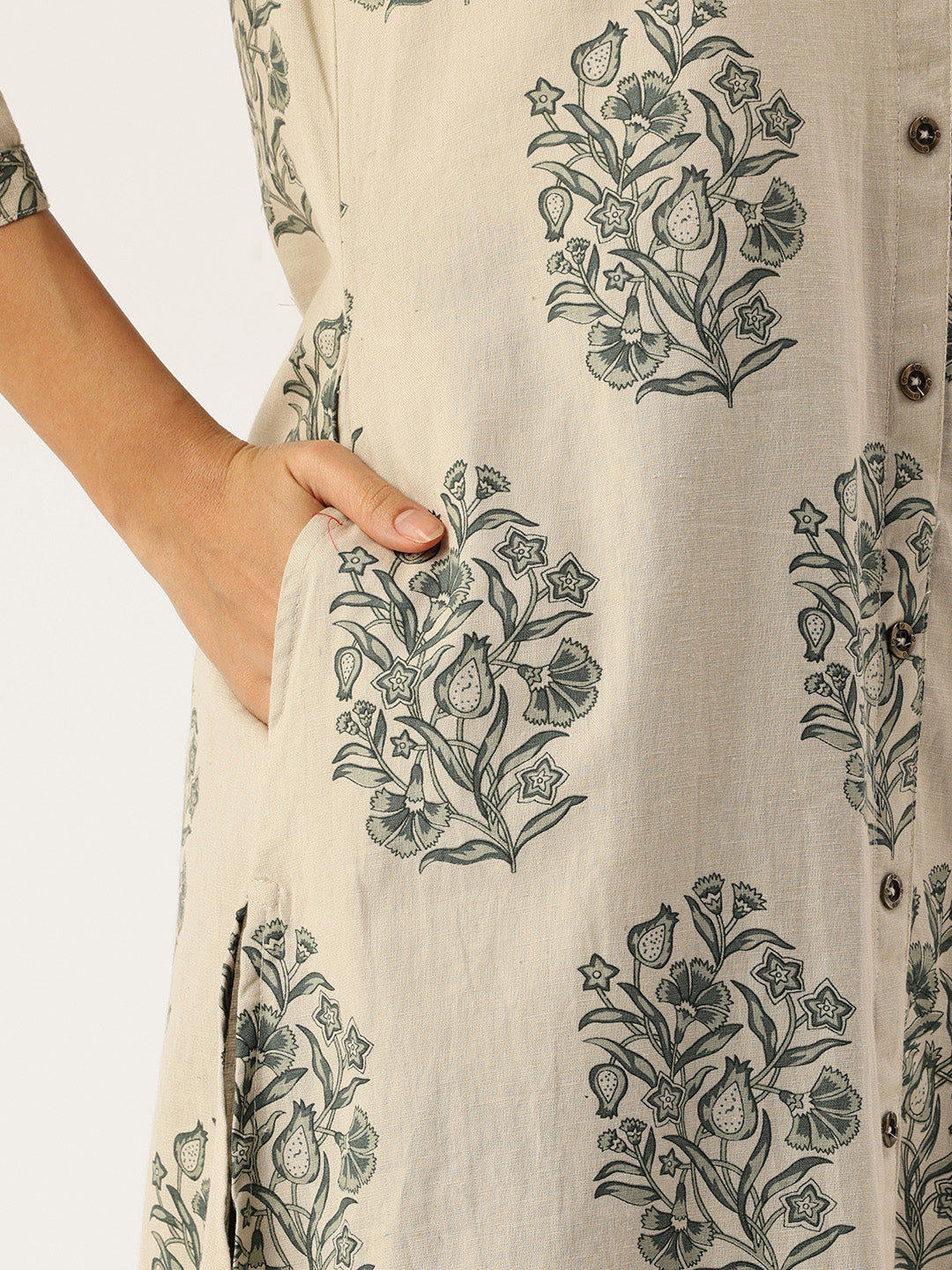 Beige Floral Printed A-Line Kurta