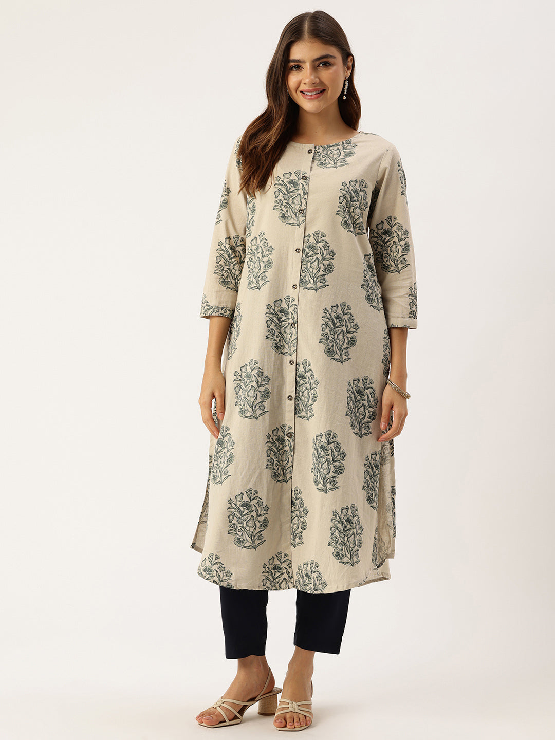 Beige Floral Printed A-Line Kurta