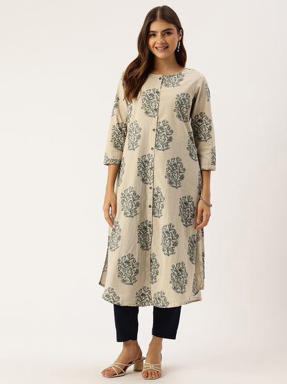 Beige Floral Printed A-Line Kurta