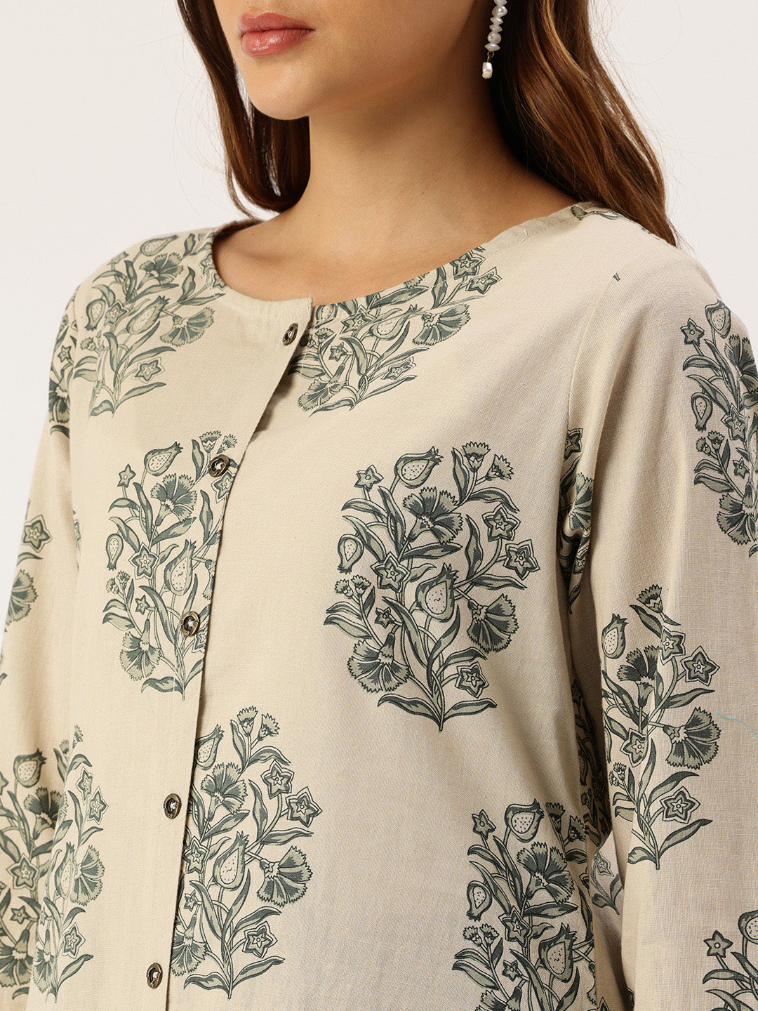 Beige Floral Printed A-Line Kurta