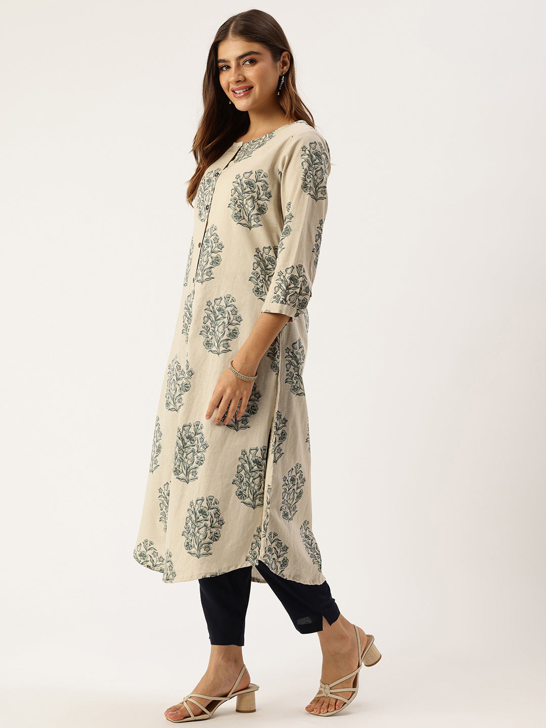 Beige Floral Printed A-Line Kurta