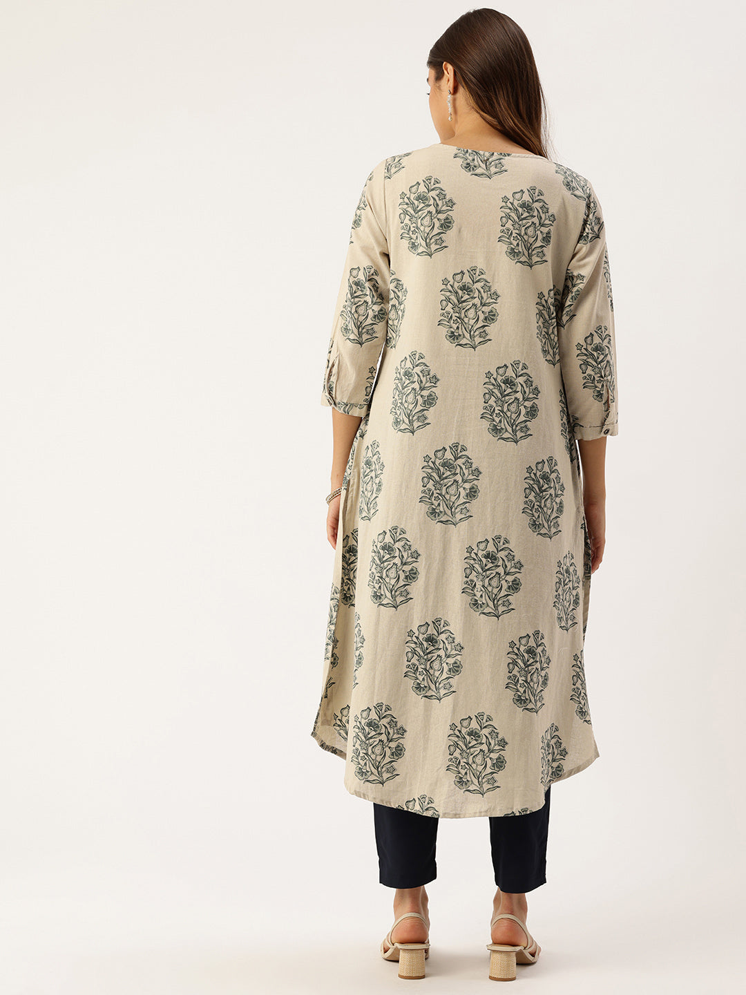 Beige Floral Printed A-Line Kurta