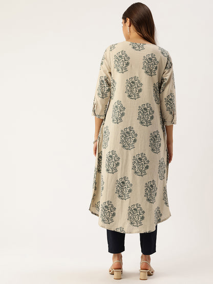 Beige Floral Printed A-Line Kurta