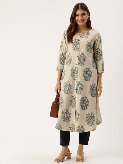 Beige Floral Printed A-Line Kurta
