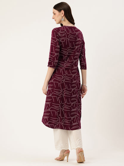 Maroon Geometric Printed A-Line Kurta