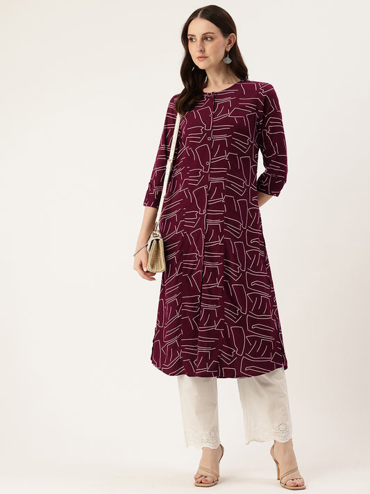 Maroon Geometric Printed A-Line Kurta