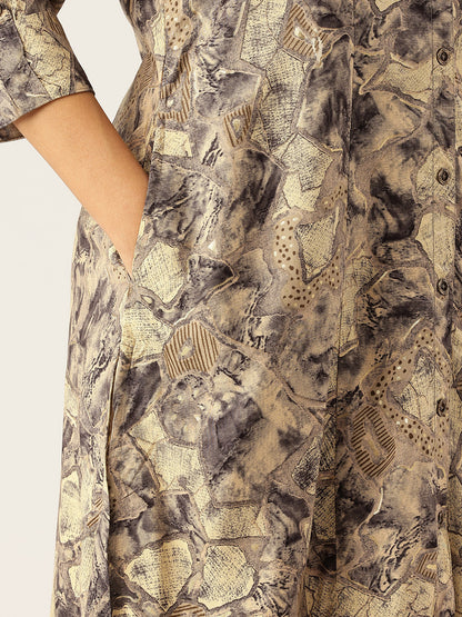 Beige Abstract Printed A - Line Kurta