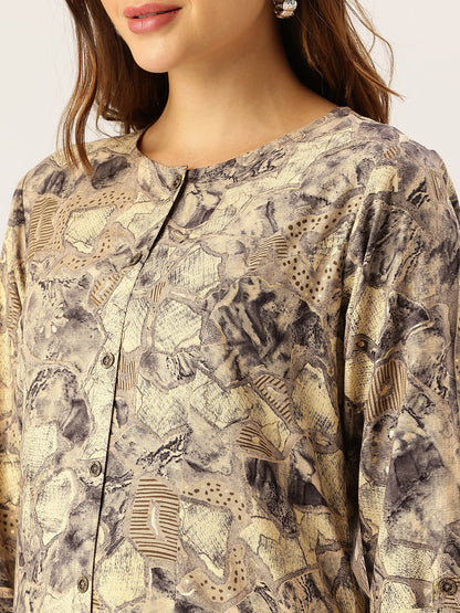Beige Abstract Printed A - Line Kurta